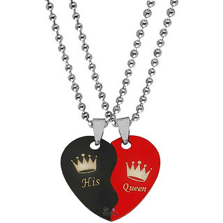                       Sullery Valentine Day Gift His Queen Crown Broken Heart Couple Dual Locket With 2 Chain For Men And Women                                              