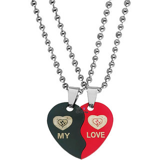                       Sullery Valentine Day Gift My Love Broken Heart Couple Dual Locket With 2 Chain For Men Women                                              