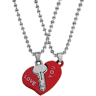                       Sullery Valentine Day Gift Heart Lock and Key Couple Lovers 2Pc Necklace Chain For Men And Women                                              