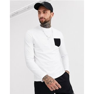 Glito Men's White Crew Neck Regular Fit Full Sleeve T-shirt With Pocket/ T-shirt