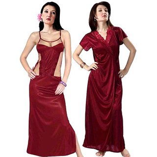                       women's 2pc Sleepwear set Nighty  Over Coat 9006 Maroon Night dress new bed fun Daily  Nightie  Robe                                              