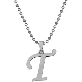                      Sullery  'T' Alphabet Letter Pendant SilverStainless Steel Necklace Chain For Men And Women                                              