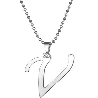                       Sullery  'V' Alphabet Letter Pendant SilverStainless Steel Necklace Chain For Men And Women                                              