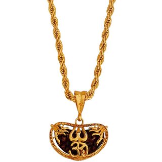                       Sullery Religious Om Trishul Rudraksha Gold And BrownBrass, Wood Necklace Chain For Men And Women                                              
