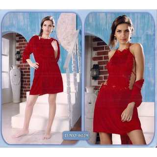                       Women's 2pc Sleepwear set Nighty  Overlap 6029 Red Night dress new bed fun Daily  Nightie  Robe Wedding Gift                                              