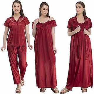 Verdadero Women's Satin Nighty 4 Set (Gown, Nighty, Top, Pyjama)(Free-Size 28 to 36 Regular) (maroon)