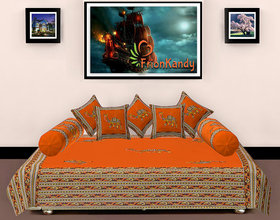 FrionKandy Orange Traditional Diwan Set 8 Pcs (1 Diwan Sheet, 2 Bolster Covers, 5 Cushion Covers)