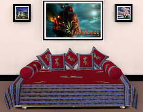 FrionKandy Maroon Traditional Diwan Set 8 Pcs (1 Diwan Sheet, 2 Bolster Covers, 5 Cushion Covers)