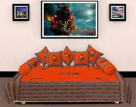 FrionKandy Orange Traditional Diwan Set 8 Pcs (1 Diwan Sheet, 2 Bolster Covers, 5 Cushion Covers)
