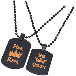                       Sullery Gift Her King His Queen Couple Locket Black Zinc,  Necklace Chain For Men And Women                                              