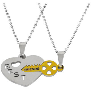                       Sullery Best Friend Broken Heart Lock And Key Gold And Silver  Necklace Chain For Men And Women                                              