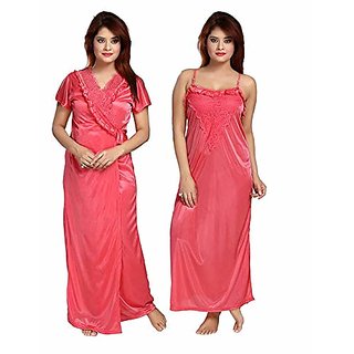 Verdadero Women's Satin Nighty  2 pcs Set of Nighty and wrap Gown Free Bust Size 32-38 inch Silky fines pink