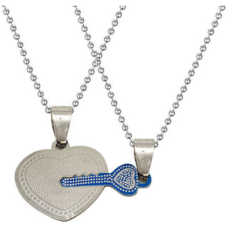                       Sullery Valentine Day Gift Love Heart Lock And Key Couple Locket Blue And Silver 02 Necklace Chain                                              