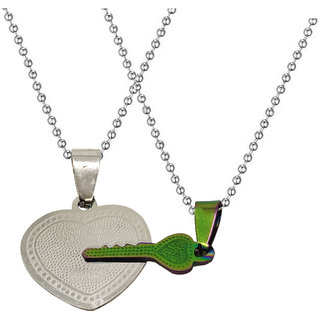                       Sullery Valentine Day Gift Love Heart Lock And Key Couple Locket Multicolor 02 Necklace Chain                                              