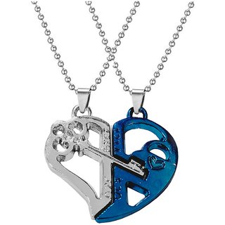                       Sullery Valentine Day Gift Broken Heart Lock And Key Couple Locket Blue And Silver 2 Necklace Chain                                              