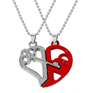                       Sullery Valentine Day Gift Broken Heart Lock And Key Couple Locket Red And Silver 02 Necklace Chain                                              