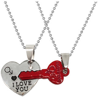                       Sullery Valentine Day Gift I love you Heart Lock And Key Red And Silver 02 Necklace Chain                                              