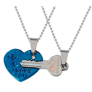                       Sullery Valentine Day Gift I love You Lock And Key Couple Locket Blue And Silver 02 Necklace Chain                                              