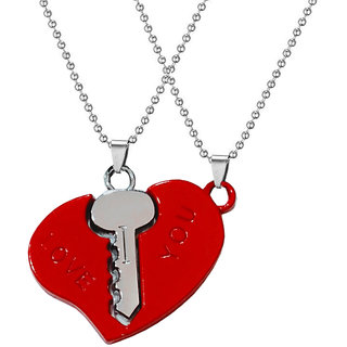                       Sullery Valentine Day Gift love You Lock And Key Couple Locket Red And Silver 02 Necklace Chain                                              