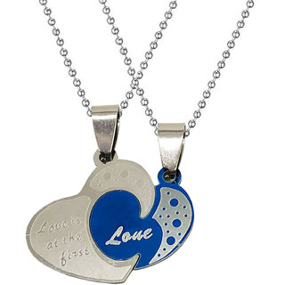                      Sullery Valentine Day Gift Dual Heart I Love You Couple Locket Blue And Silver 02 Necklace Chain                                              