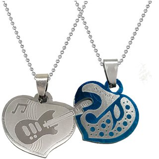                       Sullery Valentine Day Gift I Love You Heart Guitar Couple Locket Blue And Silver 02 Necklace Chain                                              