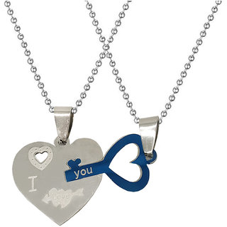                       Sullery Valentine Day Gift My Love Dual Heart Locket And Key Couple Blue And Silver Necklace Chain                                              