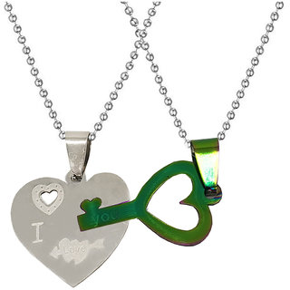                       Sullery Valentine Day Gift My Love Dual Heart Locket And Key Couple Multicolor 02 Necklace Chain                                              