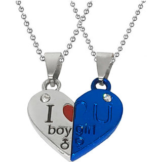                       Sullery Valentine Day Gift My Love Girl And Boy Couple Locket Blue And Silver 02 Necklace Chain                                              
