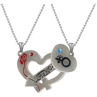                       Sullery Valentine Day Gift Love Heart Lock And Key Couple Locket Silver And Red 02 Necklace Chain                                              