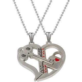                       Sullery Valentine Day Gift Love Heart Lock And Key Couple Locket Silver And Red 02 Necklace Chain                                              
