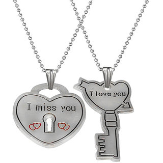                       Sullery Valentine Day Gift I Miss You Lock And I Love You Key Love Black And Silver Necklace Chain                                              