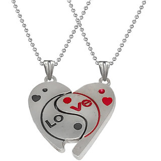                       Sullery Valentine Day Gift I Love You Couple Locket Silver Red And Black 02 Necklace Chain                                              