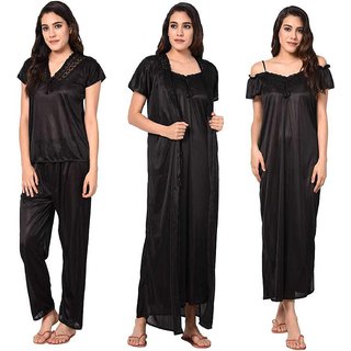 VERDADERO Presents Women's Satin Nighty 4 Set (Gown, Nighty, Top, Pyjama)(Free-Size 28 to 36 Regular) black