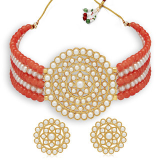 Sukkhi Modern Gold Plated Light Red & White Pearl Choker Necklace Set for Women
