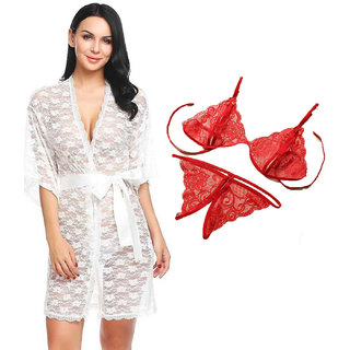                       Night dress Nighty With robe And  Lingerie set for Women/Ladies/Girls Nightwear Net babydoll dress( white net robe red b                                              