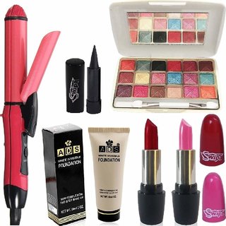                       SWIPA Makeup Kit Combo Pack(Pink Red Lipstick,Kajal,Foundation,18Colour Mini Eyeshadow,2 in 1 Hair Straightener and Cur                                              