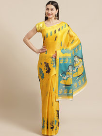 Sharda Creation Yellow and Green Animal Printed Saree