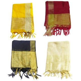                       Raj hosiery  women chandery silk munga cotton linig design dupatta 2.40 mts  red,yellow,black beigh pack of 4                                              