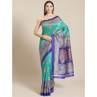                       Sharda Creation Green And Blue Floral Printed Mysore Silk Saree                                              
