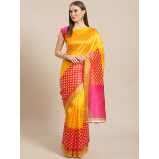                       Sharda Creation Yellow And Pink Mysore Silk Saree                                              