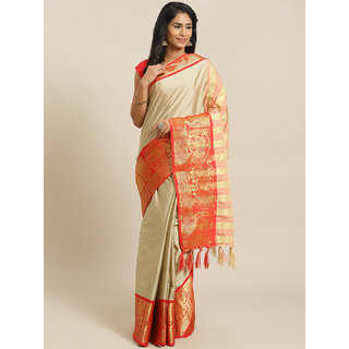                       Sharda Creation Cream And Red Embellished Saree                                              
