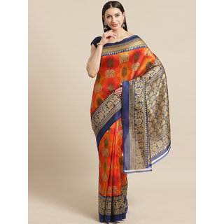                       Sharda Creation Orange And Blue  Silk Saree                                              