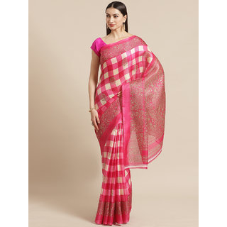                       Sharda Creation Pink Checked Woven Design Printed Saree                                              