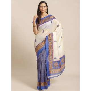                       Sharda Creation White And Blue Animal Print Saree                                              