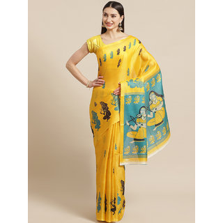                       Sharda Creation Yellow and Green Animal Printed Saree                                              