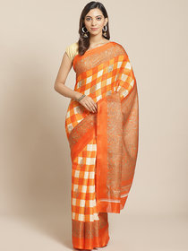 Sharda Creation Orange And White Checked Saree