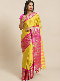 Sharda Creation Yellow And Pink Embellished Saree