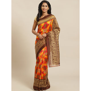                       Sharda Creation Yellow And Maroon Animal Print Saree                                              