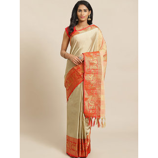                       Sharda Creation Cream And Red Embellished Saree                                              