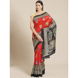                       Sharda Creation Red And Black Floral Printed Mysore Silk Saree                                              